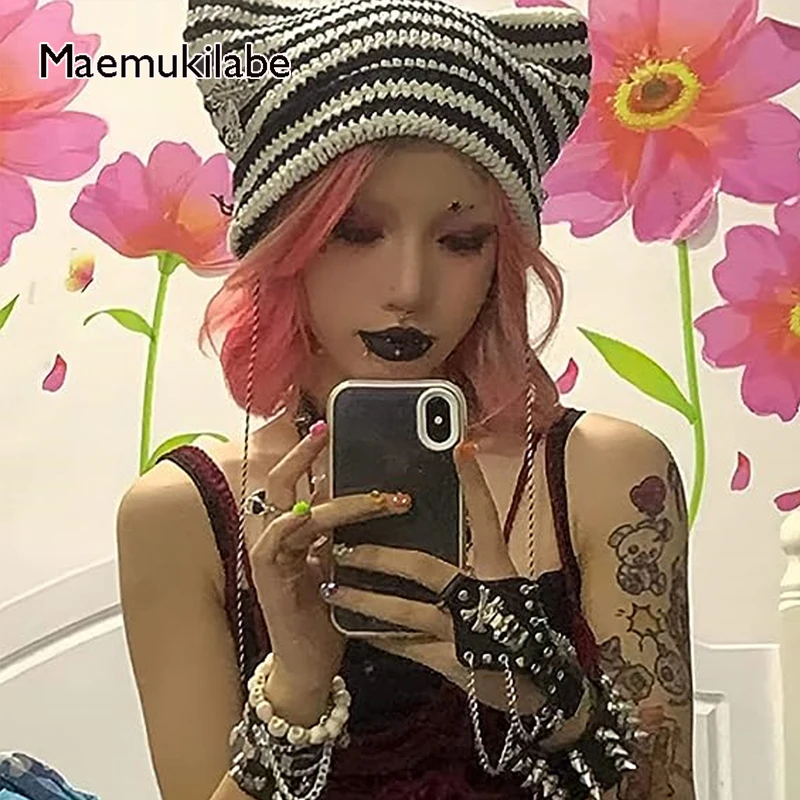 

Maemukilabe E-girl Kawaii перекрестные вязаные шапки Decro корейские винтажные гранж вязаные крючком Осенние Зимние складные шапки шапка