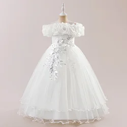 Elegant Pink Flower Girls Party Dress - Bridesmaid Ball Gown & Princess Dress - 12Y (170) (White)