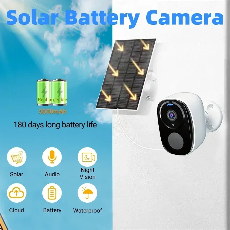 2K 5MP Solar Security Camera Wireless Outdoor Color Night Vision Battery Powered Support 2.4G WiFi, PIR, Waterproof, 2-Way Alexa 2