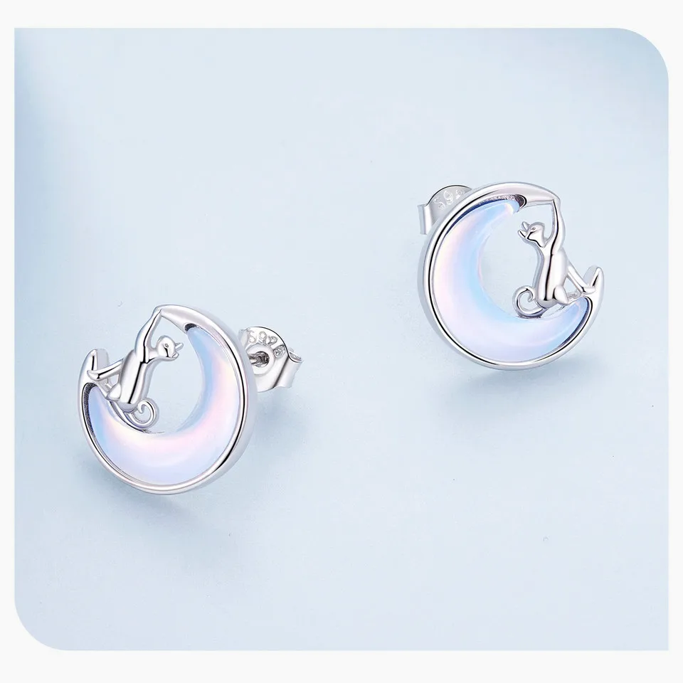 Fine Jewelry Sterling Silver Fantasy Moon Stud Earrings Cute Cat Earrings for Women - PeticaDeals