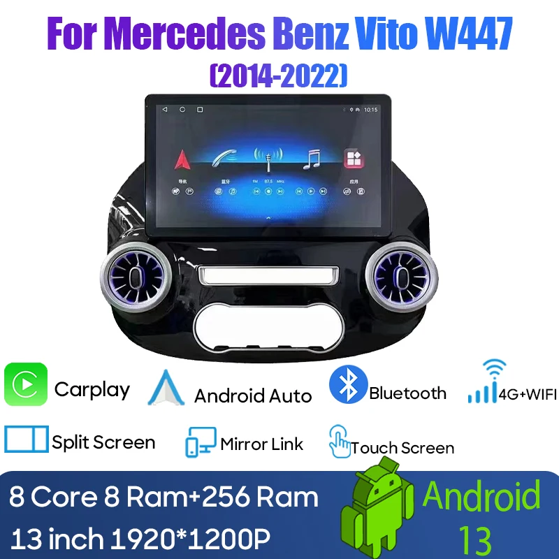 

Автомобильный радиоприемник 13 дюймов Android 13 для Benz Vito W447 2014-2021 стерео приемник GPS навигация DSP видео Carplay плеер 4G NO 2DIN DVD