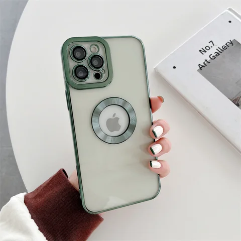 Transparent Plating Logo Hole Case for iPhone 13 Pro Max Glass Camera Protector for iPhone 11 12 Pro Max Xs 7 8Plus Cover