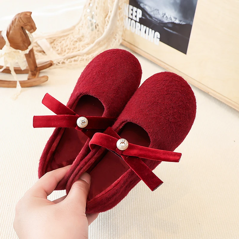 Girls Winter Fuzzy Ballet Flats with Bow Detail