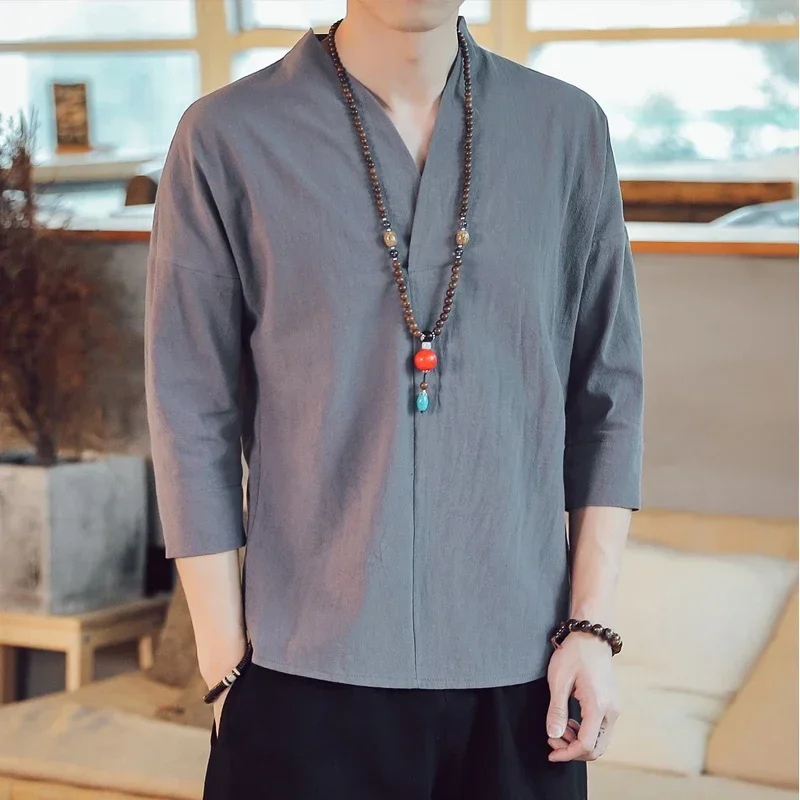 M-5XL Plain Color Autumn Long Sleeve Traditional Chinese Blouse V-Neck Traditional Chinese Clothing For Men Shirt Male