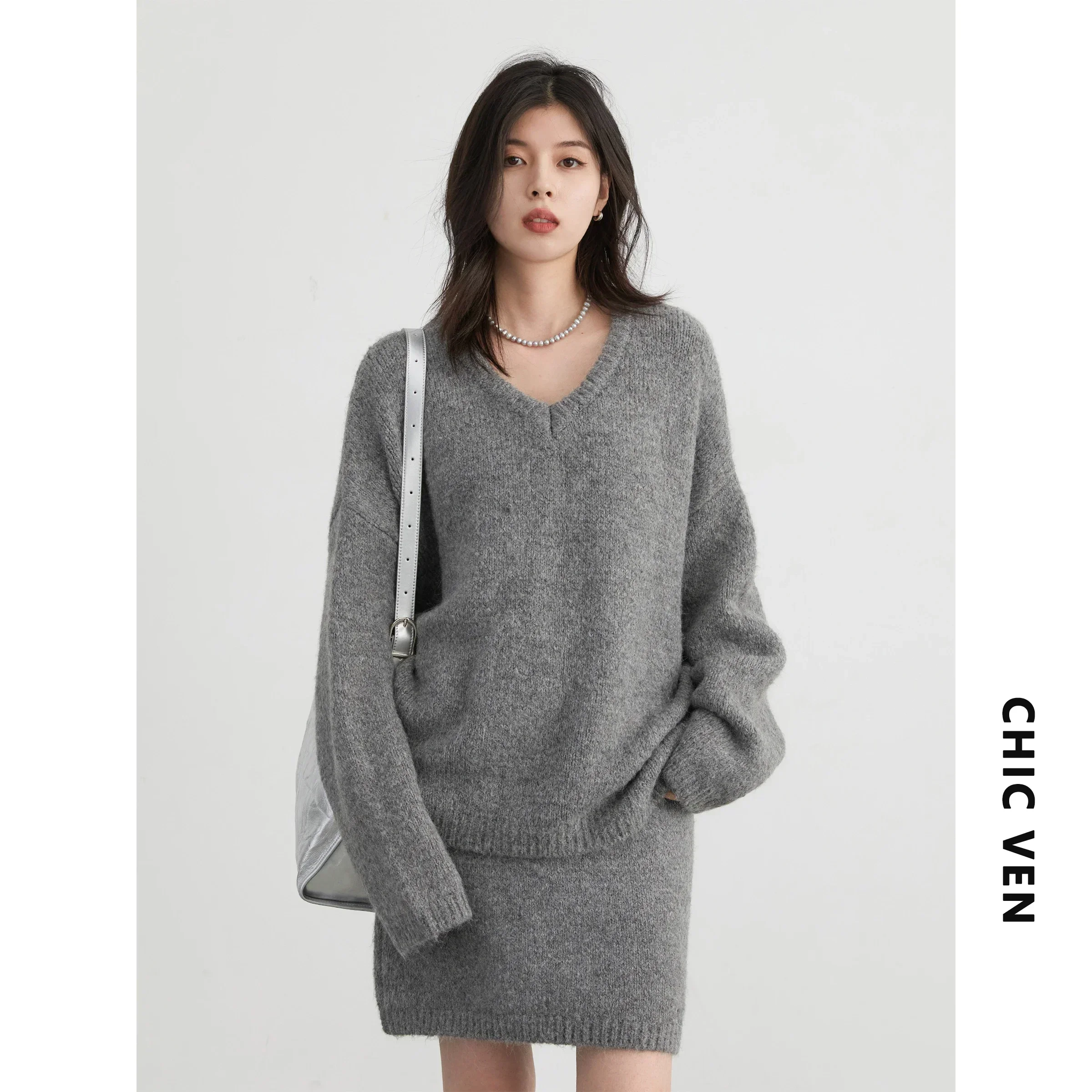 Women Clothing Set CHIC VEN Fashion Skirt Set Pullover Loose Mini V-neck Solid Sweater Straight Leg Skirts Spring Autumn