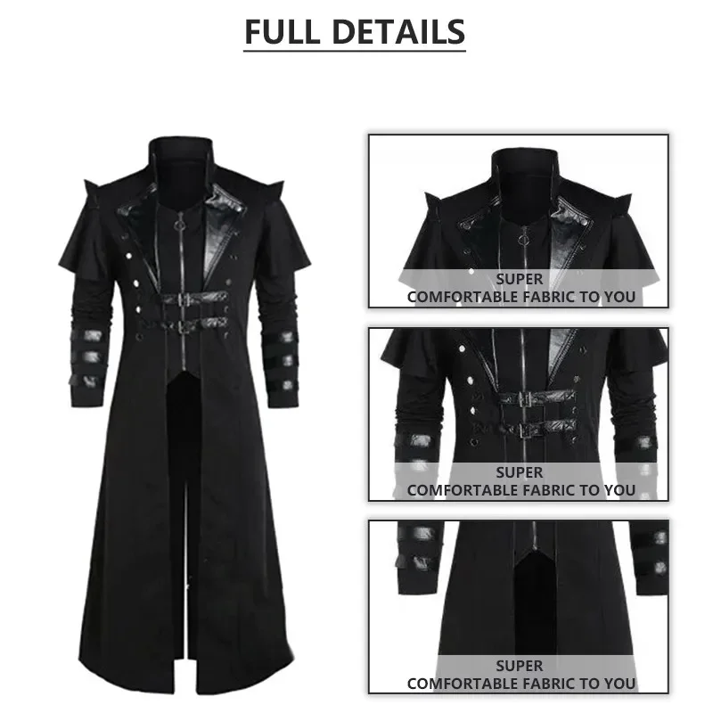 Vintage Halloween Medieval Steampunk Elves Pirate Costume Adult Men Black Long Split Jacket Gothic Armor Leather Coats,role playing costume,cosplay costumes,cosplay costume,gothic jackets