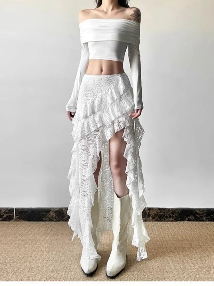 Deeptown Elegant Tulle Ruffle Skirt Women Boho Lace Vintage White Irregular Skirt Korean Style Summer Layered Mid Skirts Street 3