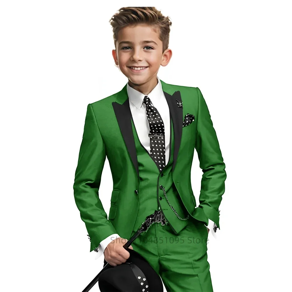 Green Boys Suit 3 Piece Set Fashion Design Jacket Pants Vest Wedding Kids Tuxedo Formal Graduation Outfit Stage Performance Suit