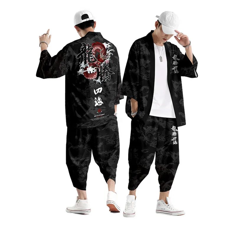Large Size 5XL 6XL Japanese Kimono Cardigan Pants Set Print Demon Men Women Shirt Tradition Yukata Haori Obi Cosplay Costume