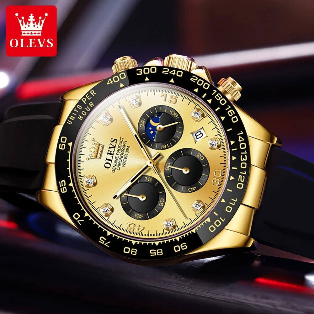 OLEVS 2875 Man Watch Fashion Luxury Original Moon Phase Calendar Wristwatch Chronograph Silicone Strap Waterproof Watch For Men