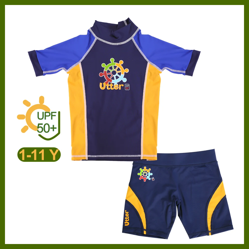 Toddler Kids Boys Swimsuits Sun Protection, Short Sleeves Swimwear for Beach, Swim Top and Swim Shorts