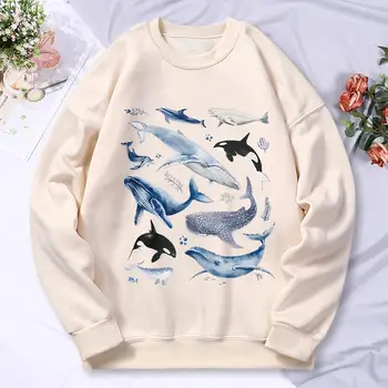 Felpa con cappuccio moda girocollo da donna autunno inverno senza testa stampata con motivo balena dell'oceano Abbigliamento sportivo da donna casual 1