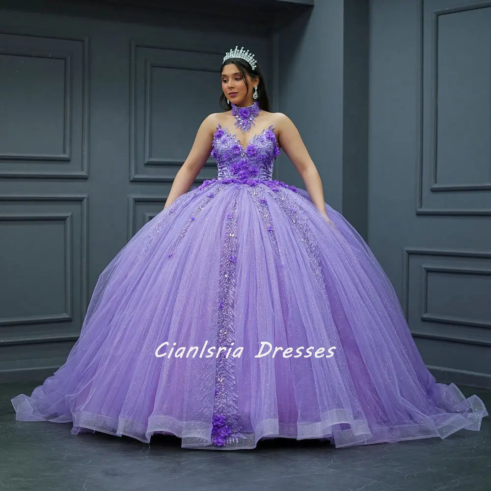 

Lilac Crystal Beading Ball Gown Quinceanera Dresses Sweetheart 3D Flowers Appliques Lace Corset Vestidos De 15 Años