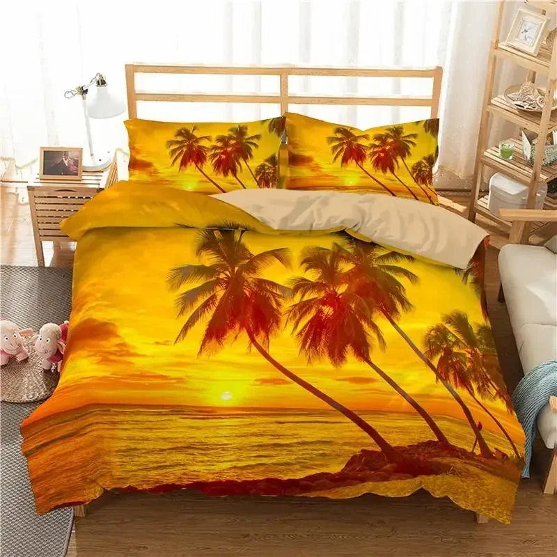 Ocean Duvet Cover Set Queen Size Tropical Island with The Palm Trees and Sea Beach Nature Theme Print Twin Bedding Set for Teens