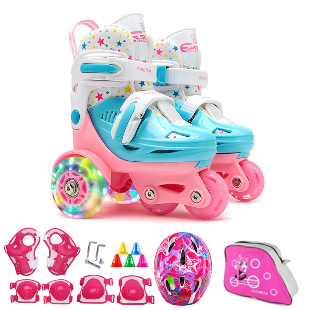 Flash Skating Shoes Kids Beginner Roller Skating Shoes Set Children Skates with Kneepad Elbow Pads Helmet Roadblock Backpack roller skating shoes set