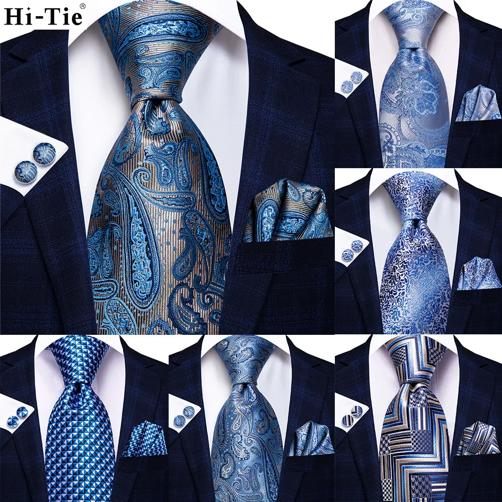 

Light Blue Grey Paisley Fashion Designer Silk Wedding Tie For Men Handky Cufflink Mens Necktie Business Party Dropship Hi-Tie
