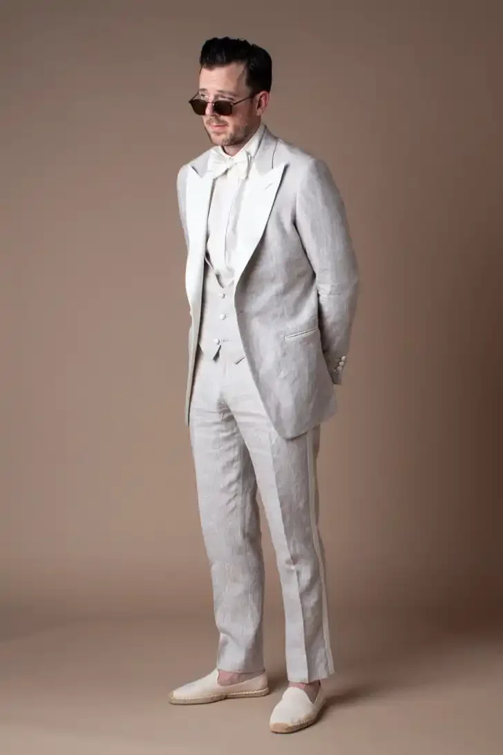 Fashion Grey Summer Linen Formal Wedding Elegant Men Groom Tuxedo Prom Slim Fit Blazer High Quality Custom 3 Piece Set Costume