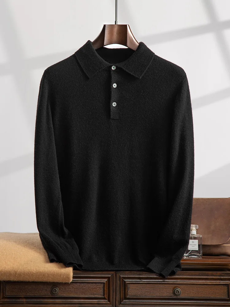 Men Cashmere Sweater Pullovers Autumn Winter Polo Collar Smart Casual Warm Knitted Soft 100% Cashmere Long Sleeve Clothing Tops 5