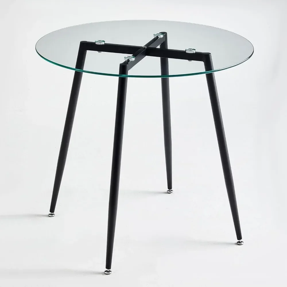5-Piece Round Glass Dining Table Set with Faux Leather Chairs-Space-Saving Kitchen Furniture 5-Piece