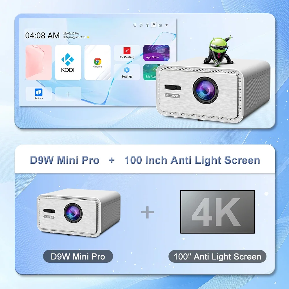 ApexTPFlixtone D9W 미니 프로 프로페셔널 프로젝터 2700 ANSI 루멘+100인치 스크린 풀 HD 1080P 안드로이드 스마트 TV LED 홈시어터