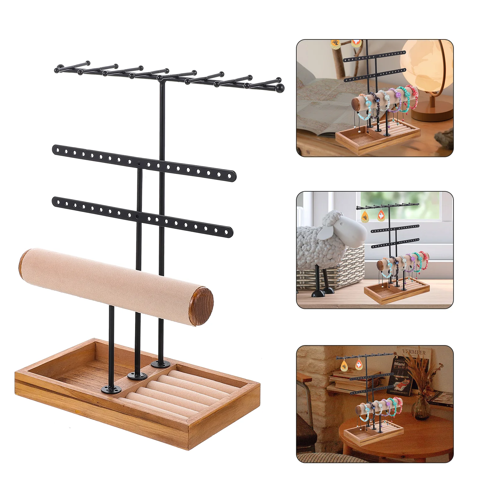 

Jewelry Display Stand Vintage Earring Holder Wristband Rack Wood Bracelet Organizer Velvet Necklace