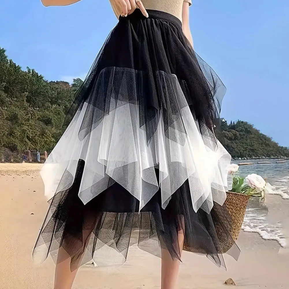 

Women Skirt High Elastic Waist Irregular Colorful Mesh Multi-layered Soft Mid-calf Length Pleated Lady Midi Skirt