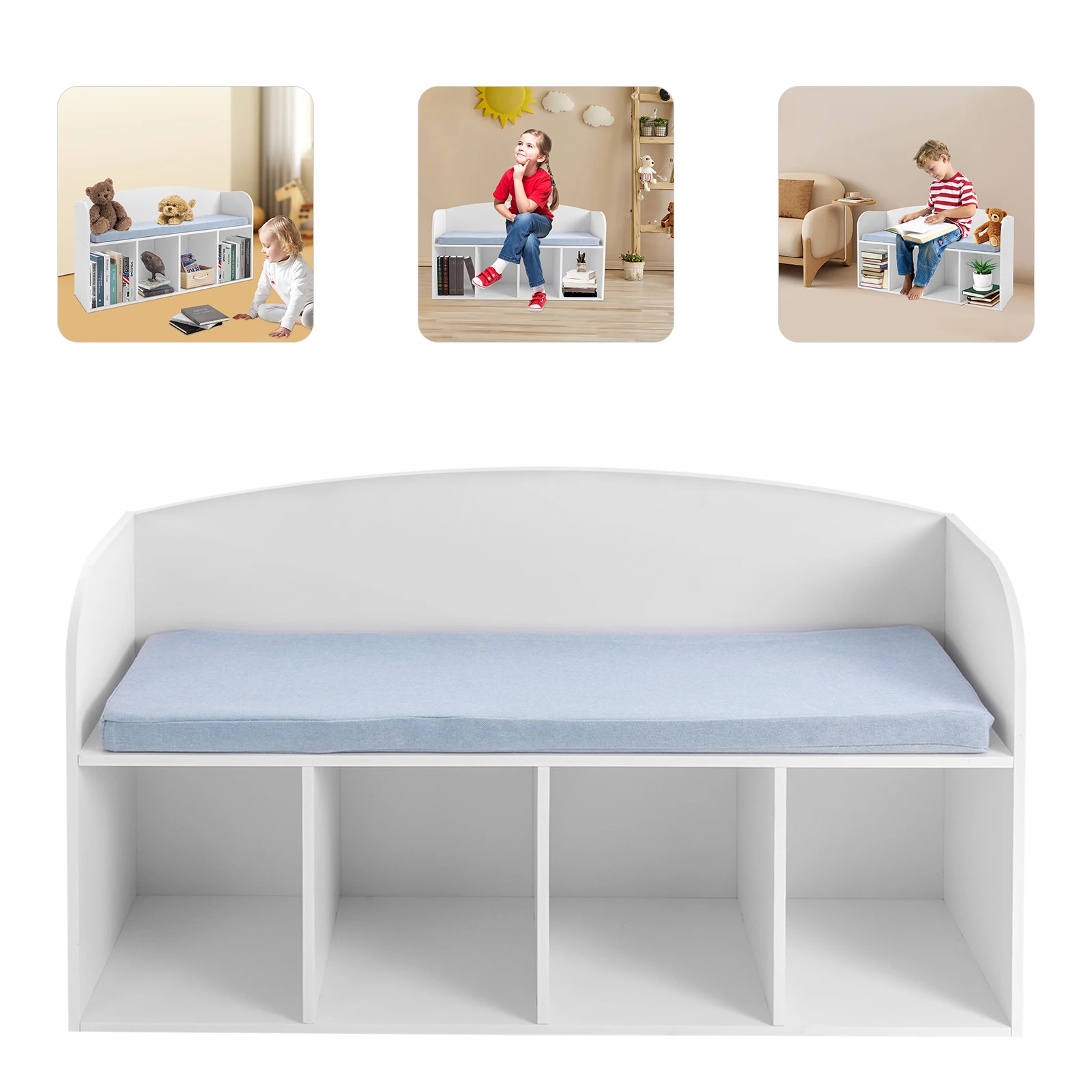 Kids Book Display Case with Soft Cushion, Storage Bench with Book Rack, Low Square Book Cabinet for Living Room Bedroom Decor 5