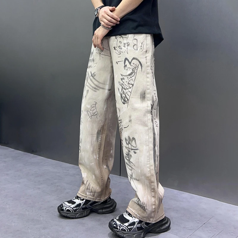 Hip Pop Style Baggy Jeans Wide Leg Pants Casual Graffiti Men's Loosen Jeans Fashion Denim Clothes