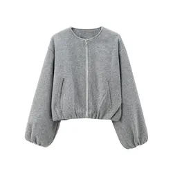 Women's Black Bomber Jacket - Soft, Cropped Varsity Style with Zipper and Long Sleeves - XS (GRAY)