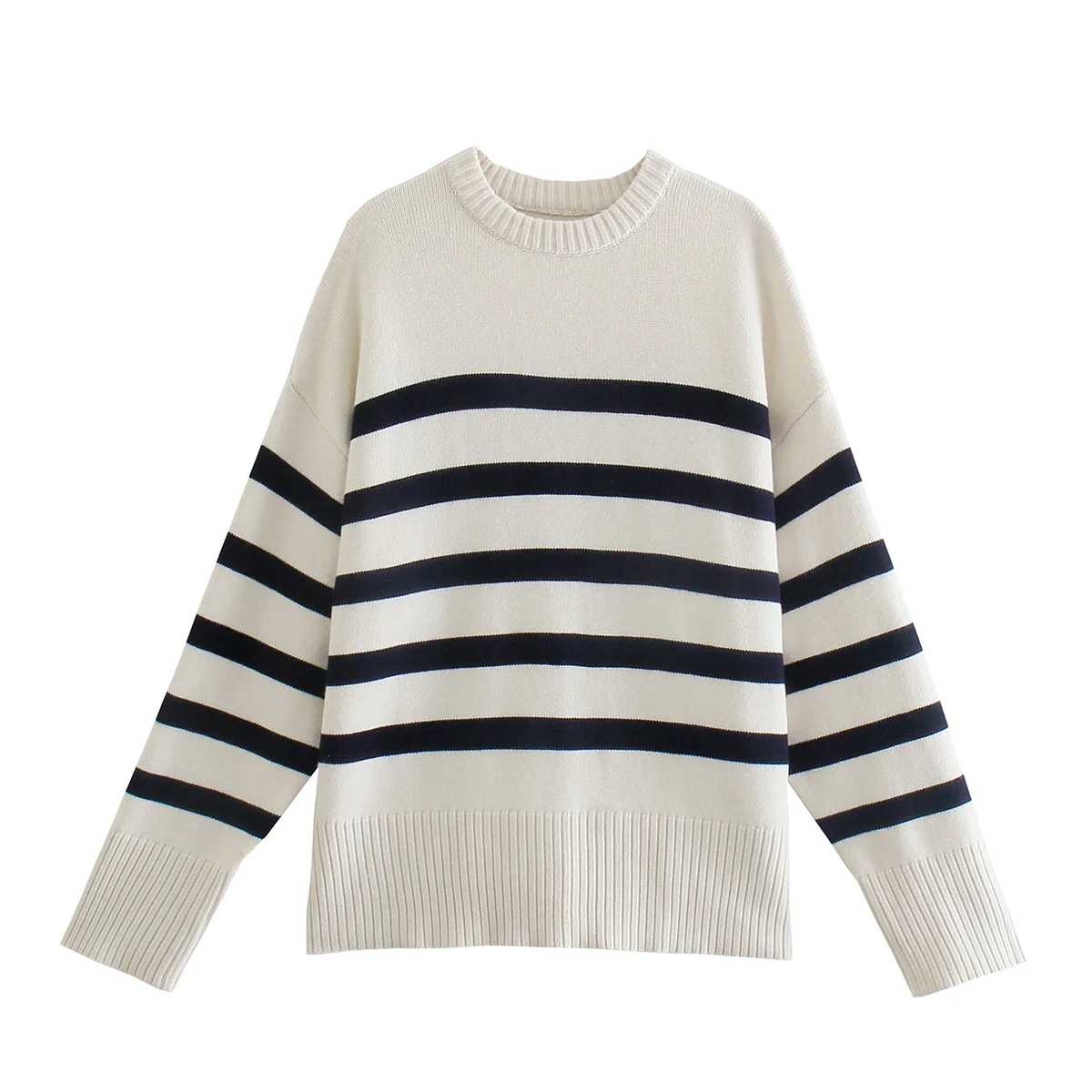 

Women 2023 New Fashion Wide Stripe Knitted Sweater Vintage O Neck Long Sleeve Female Pullovers Chic Tops