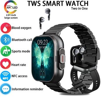 New Smart Watch Men With Earbuds Bluetooth Headset Speaker Tracker Music Sport Watch Men Waterproof Smart Watch AMOLED Screen