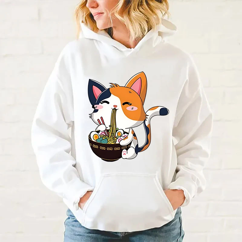 thumbnail image 1 of Sudadera con capucha y estampado de gato Ramen para mujer, moda de otoño, para deportes de ocio, 1 of 5