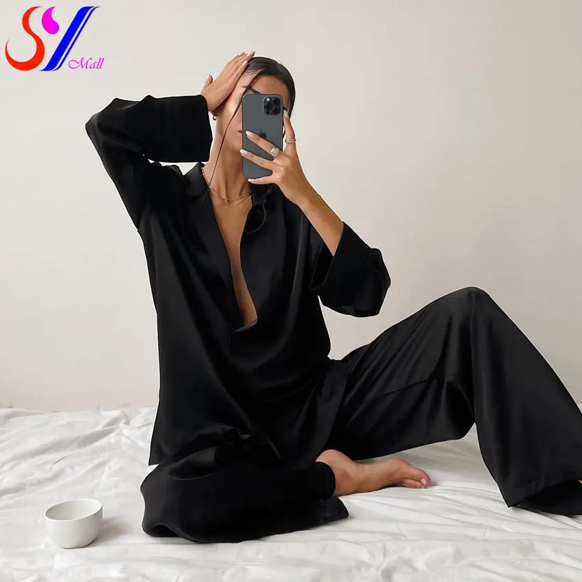 

Sexy Low Cut Fashion Pajamas Set For Women Loose Casual Long Sleeve Trouser Suits Solid Satin Silk Female Home Fitted Tops 2-Pce