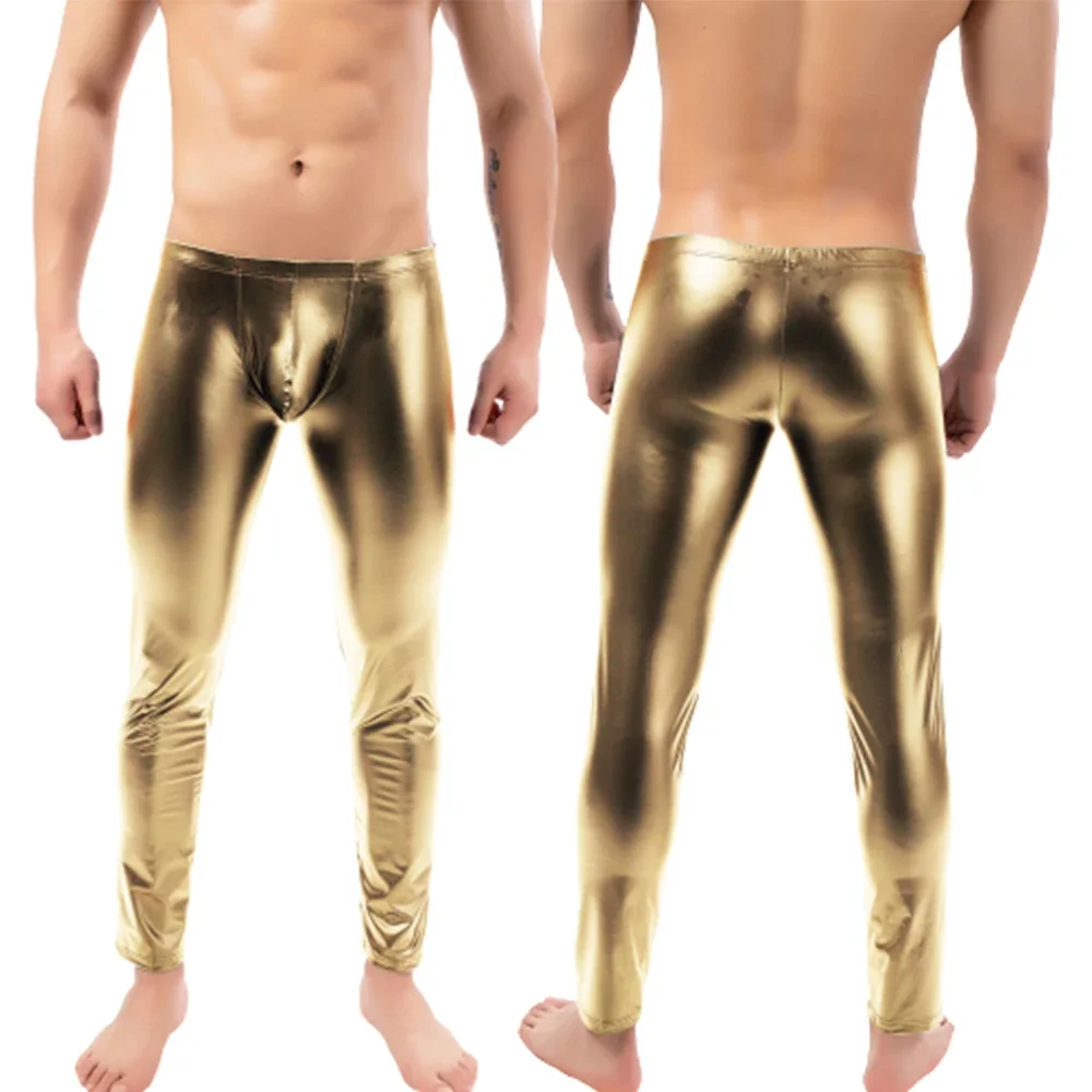 Sexy Men Low-rise U Bulge Pouch Night Clubwear Leggings Stage Performance Tights Bodywear Pants Man Shiny Faux Leather Leggings men trousers,leather pants,skinny pants