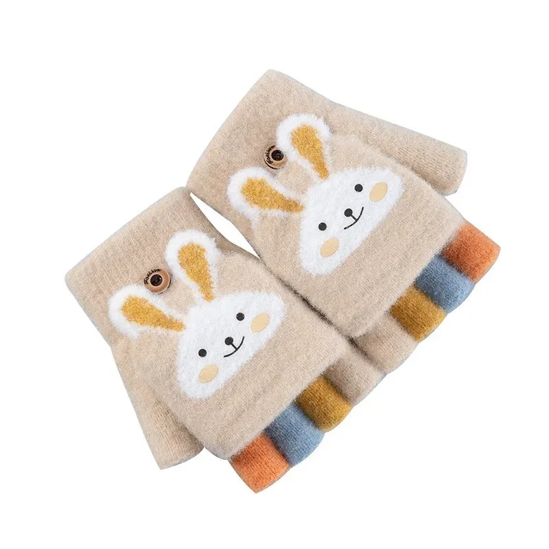 Cartoon Rabbit Five Finger Children's Gloves for Winter Flip Knitted Warmth, Convenient and Practical  Thickenedgo  Out