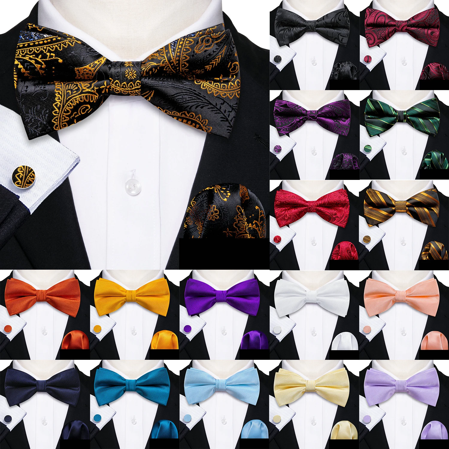 Barry.Wang Silk Mens Bow Tie Black Gold Blue Red Green Jacquard Paisley Floral Pre-Tied Bowtie Hanky Cuffs Set Wedding Business hi tie vintage silk mens suit vests paisley floral jacquard 4pc waistcoat tie hanky cufflinks set waist jacket wedding business