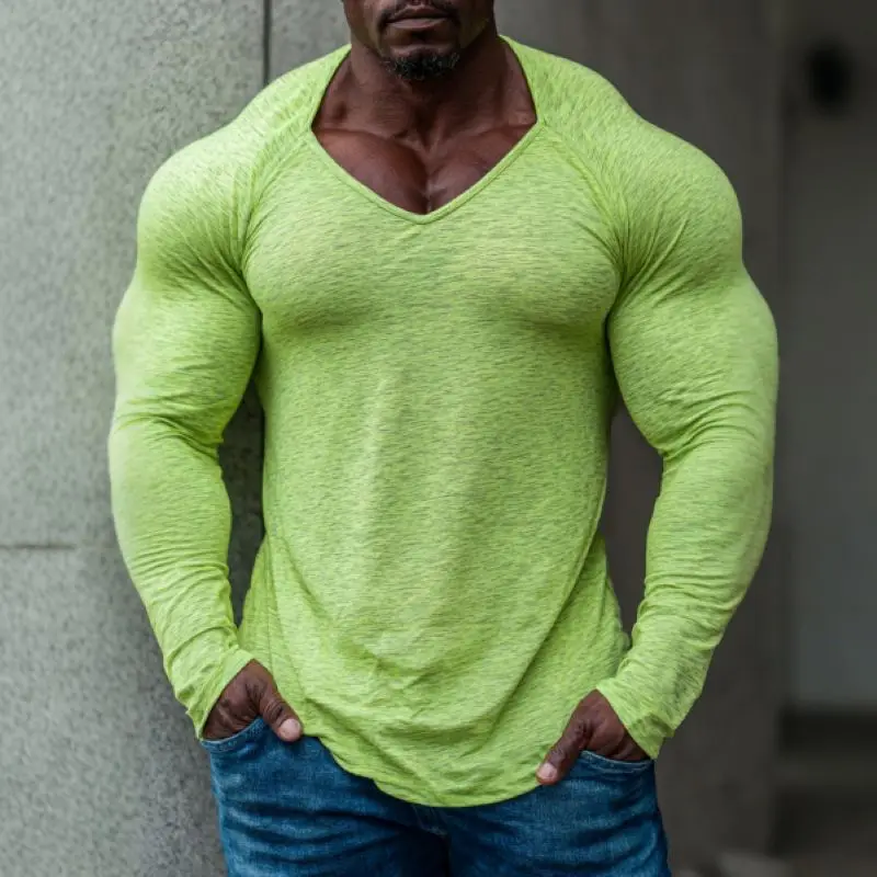 Herren Sexy Basic Fitness V-Ausschnitt Langarm-T-Shirt mit Ausgefranstem Saum Lässige Streetwear Mode Weiche Atmungsaktive Bequeme Oberteile