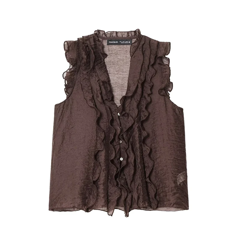 New Ruffles Tops Fashion Semi-Transparent Short Top Woman 2025 Sleeveless Ruched Tops For Women Elegant Party Top