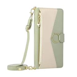 Zipper Card Holder Wallet Crossbody Lanyard Flip Phone Case with Ring Buckle - PU Leather Cover - Motorola Moto G10 Power (Green)