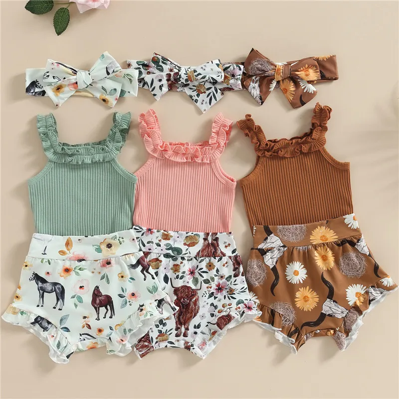 0-18months Baby Girl 3pcs Shorts Outfits Off Shoulder Romper Tops Bull Print Short Pants Head Band Infant Girls 3pcs Clothes Set