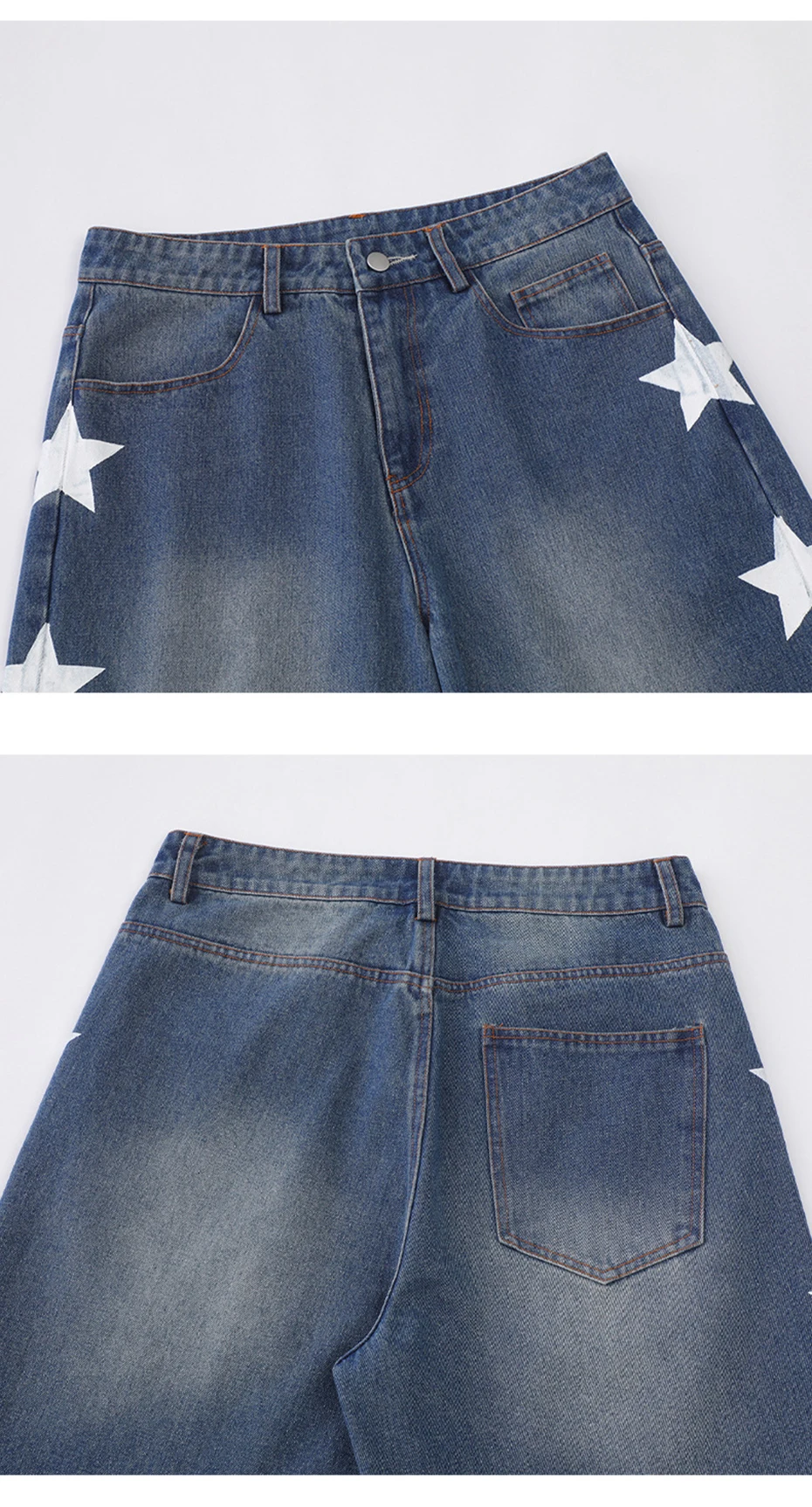 S47092c950b094d9a8239017342467668a Retro Star Splicing Denim Shorts, Men Summer Harajuku Streetwear Jeans Shorts Fashion Casual Loose Blue Denim Shorts Unisex Mallzona