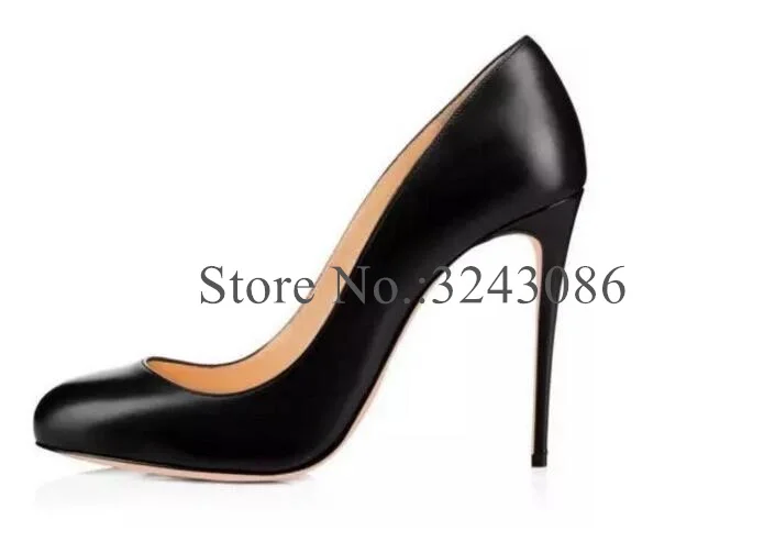 

Black Leather Round Toe Lady Pumps Shoes Classical Design Slip-on High Heels Office Single Shoes Woman Large Size Banquet Shoes