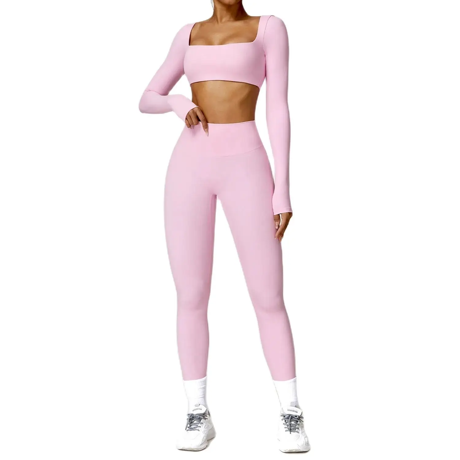 2PCS Women Tracksuit Yoga Set Sportswear Workout Athletic Wear Gym Legging Fitness Crop Top Long Sleeve Sports Suits Push Up