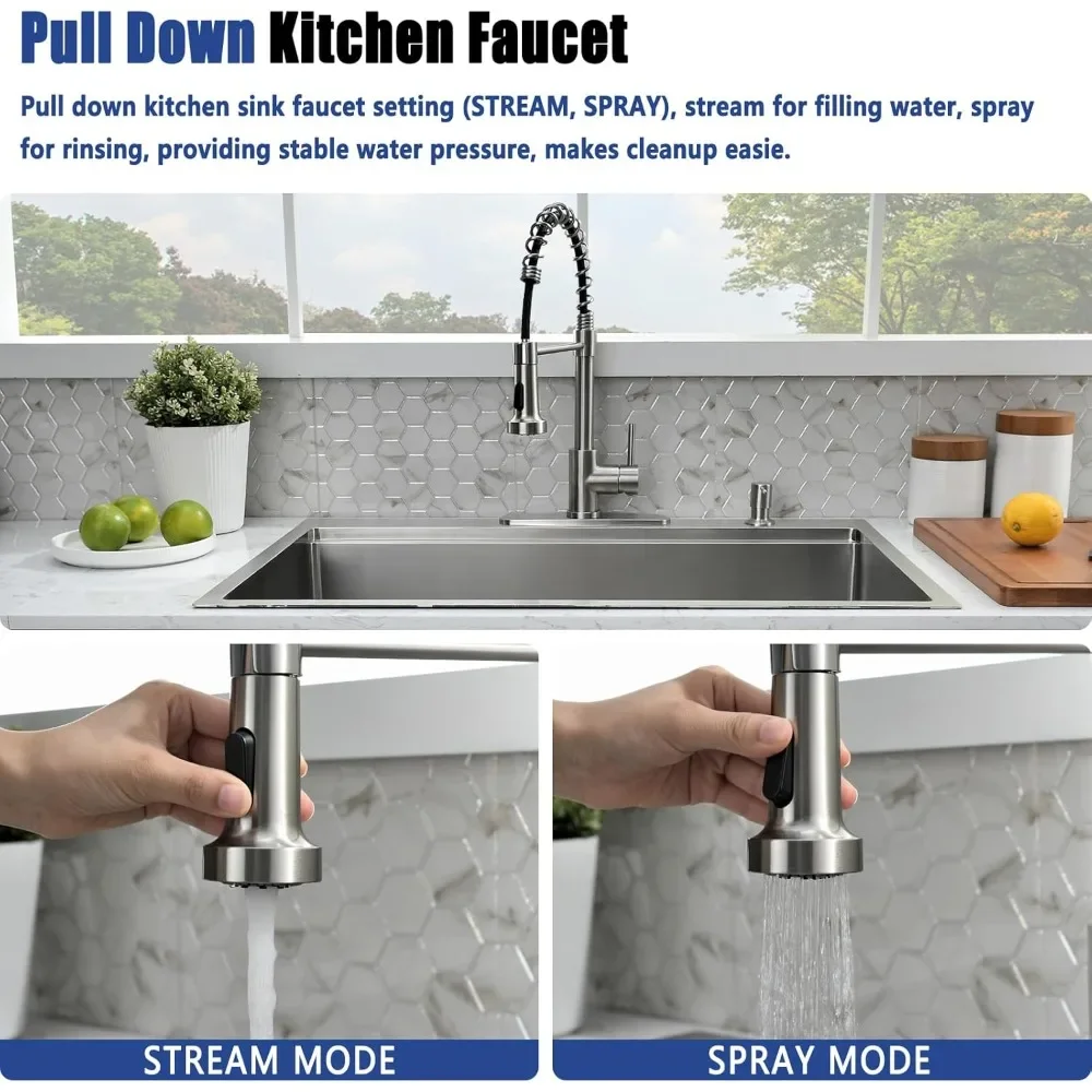 NEW-33 x 22 Drop In Kitchen Sink with Faucet Combo - 33x22 Drop In Sink and Faucet Combo Set,Stainless Steel 10 Inch Deep Single