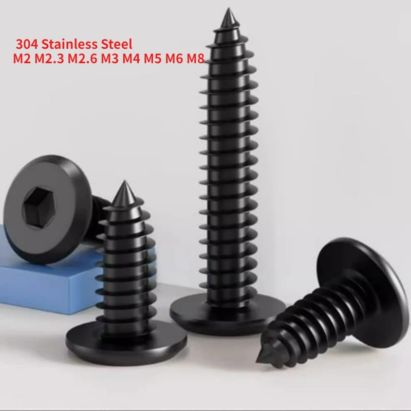 10-200pcs Black 304 Stainless Steel Inverted Hexagonal Self Tapping Screw Thin Head Furniture Wood Screw M2 M2.3 M2.6 M3 M4-M8 1