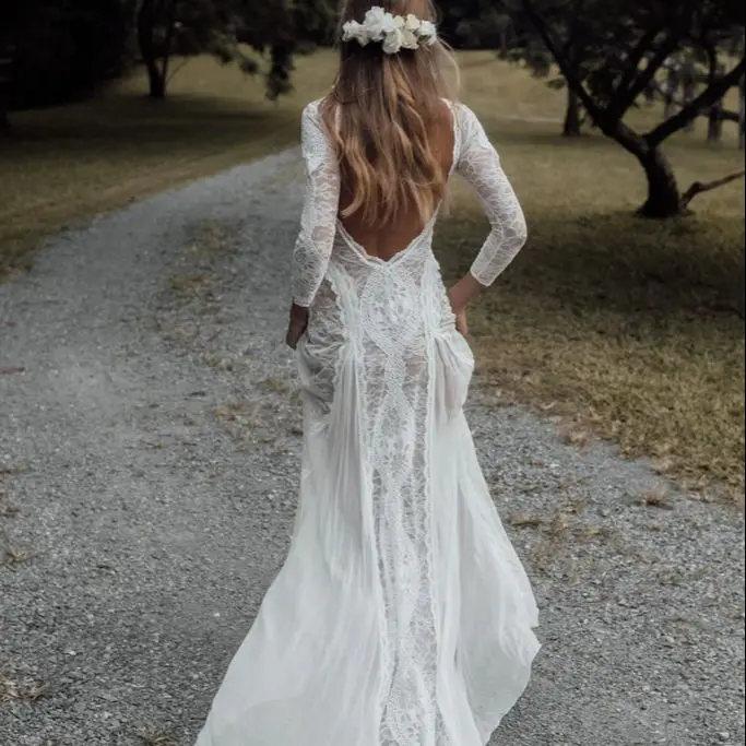 

FATAPAESE Boho Lace Wedding Dress Straight Boat Neck 7/8 Length Sleeve with Embroidery Low Sexy V-Back Bohemian Bridal Gown