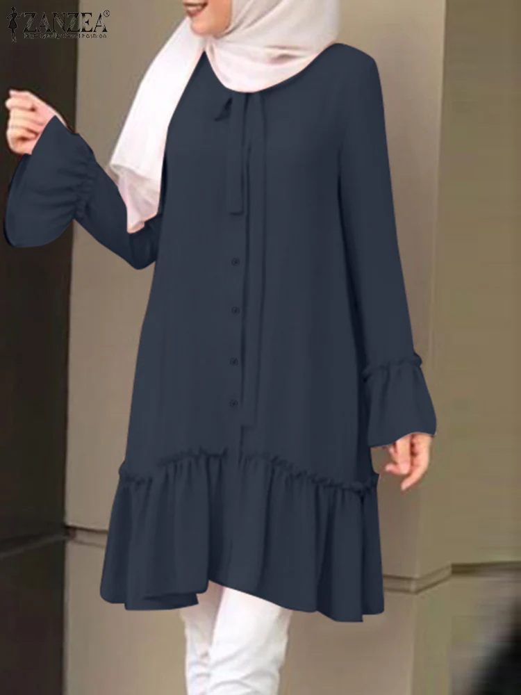 

ZANZEA Muslim Fashion Women's Blouse Elegant Ruffles Tops Long Sleeve O-Neck Solid Blouses Vintage Holiday Turkey Tops Oversized