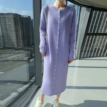 Fall/Winter 2025 Loose New Mink Cashmere Dress Lapel Long Dress Knitted Plus Size Sweater