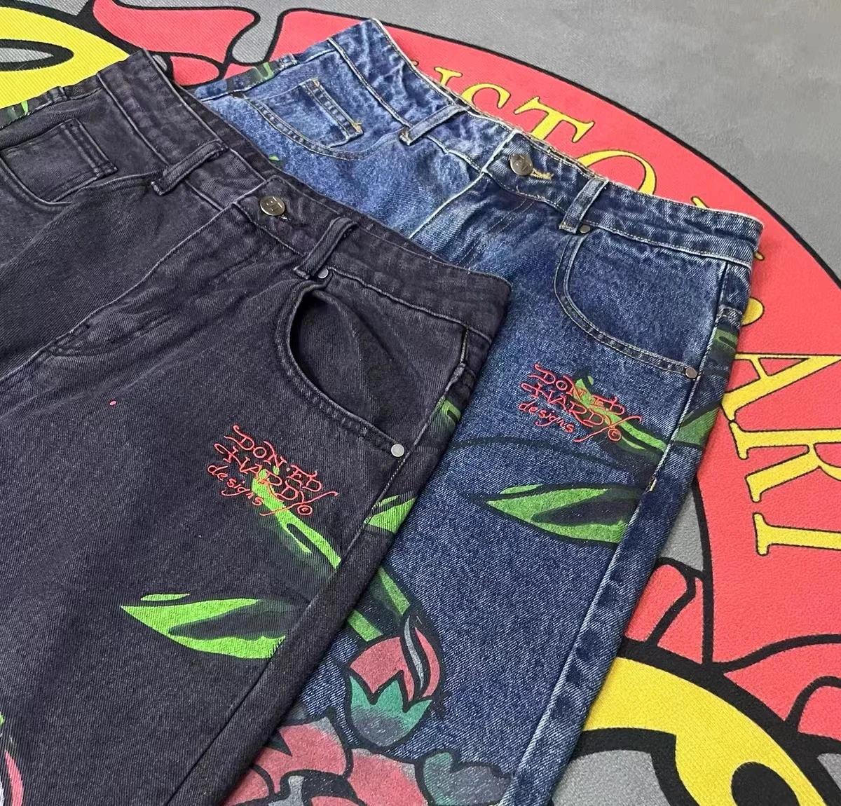Harajuku style American loose printed denim shorts street heavy fashion retro casual trendy street skateboard shorts hot sale