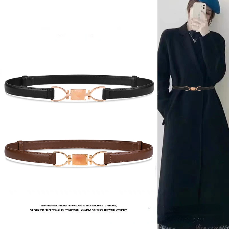 

Alloy Buckle Women Belt Solid Color PU Leather Female Waist Belt Simple Thin Waistband for Dress Coat